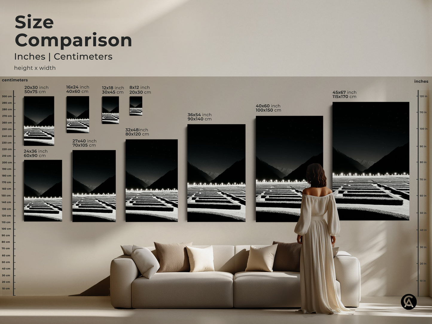 Size comparison of minimalist maze art in various dimensions. Ranging from small to large sizes on a wall. The black and white night sky modern landscape art is perfect for any room setting.