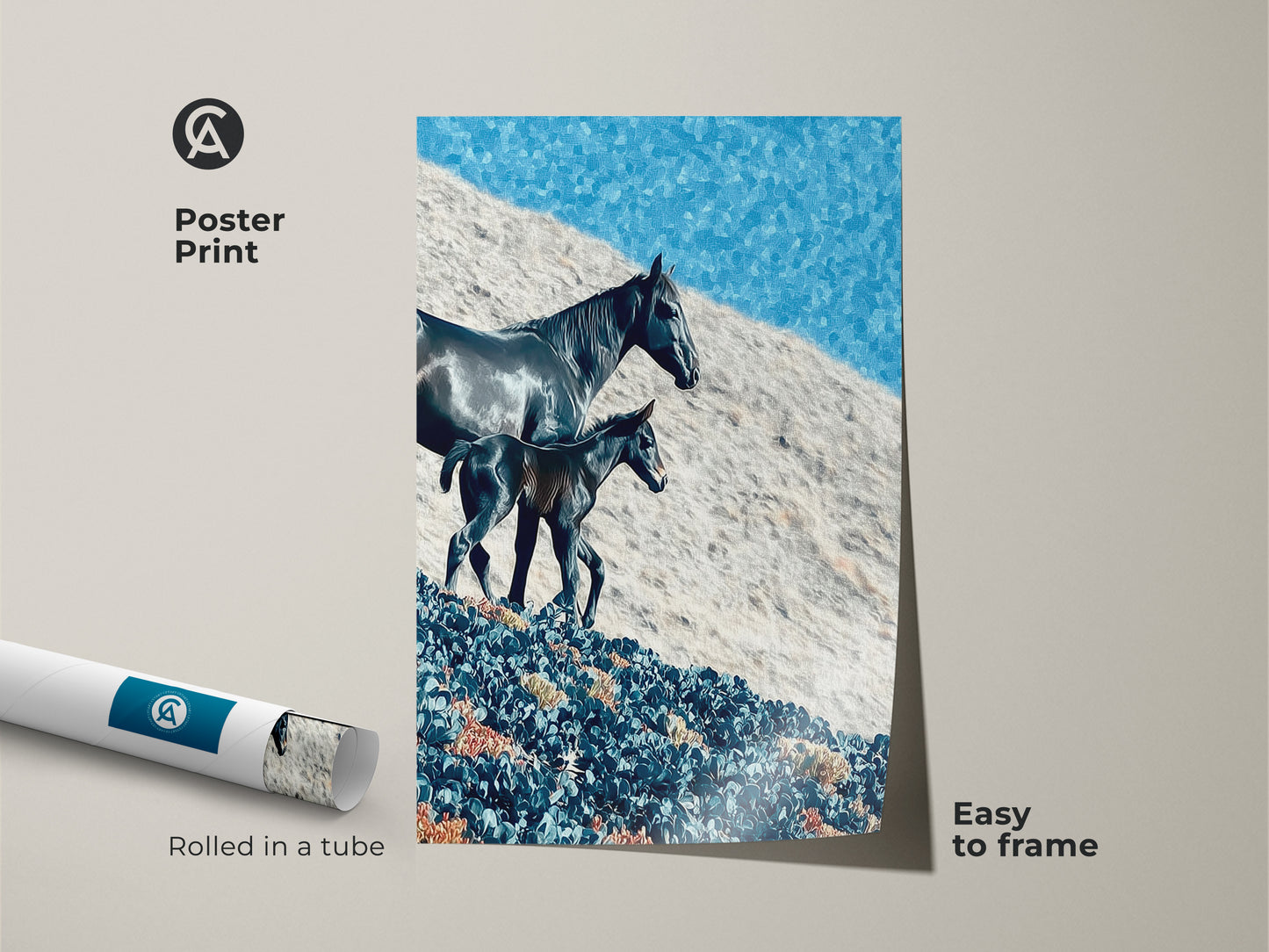 Poster print of a horse and foal is rolled in a tube. This rustic landscape canvas features a deep blue sky. The nature themed artwork is easy to frame. A perfect horse lover present.