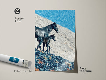 Poster print of a horse and foal is rolled in a tube. This rustic landscape canvas features a deep blue sky. The nature themed artwork is easy to frame. A perfect horse lover present.