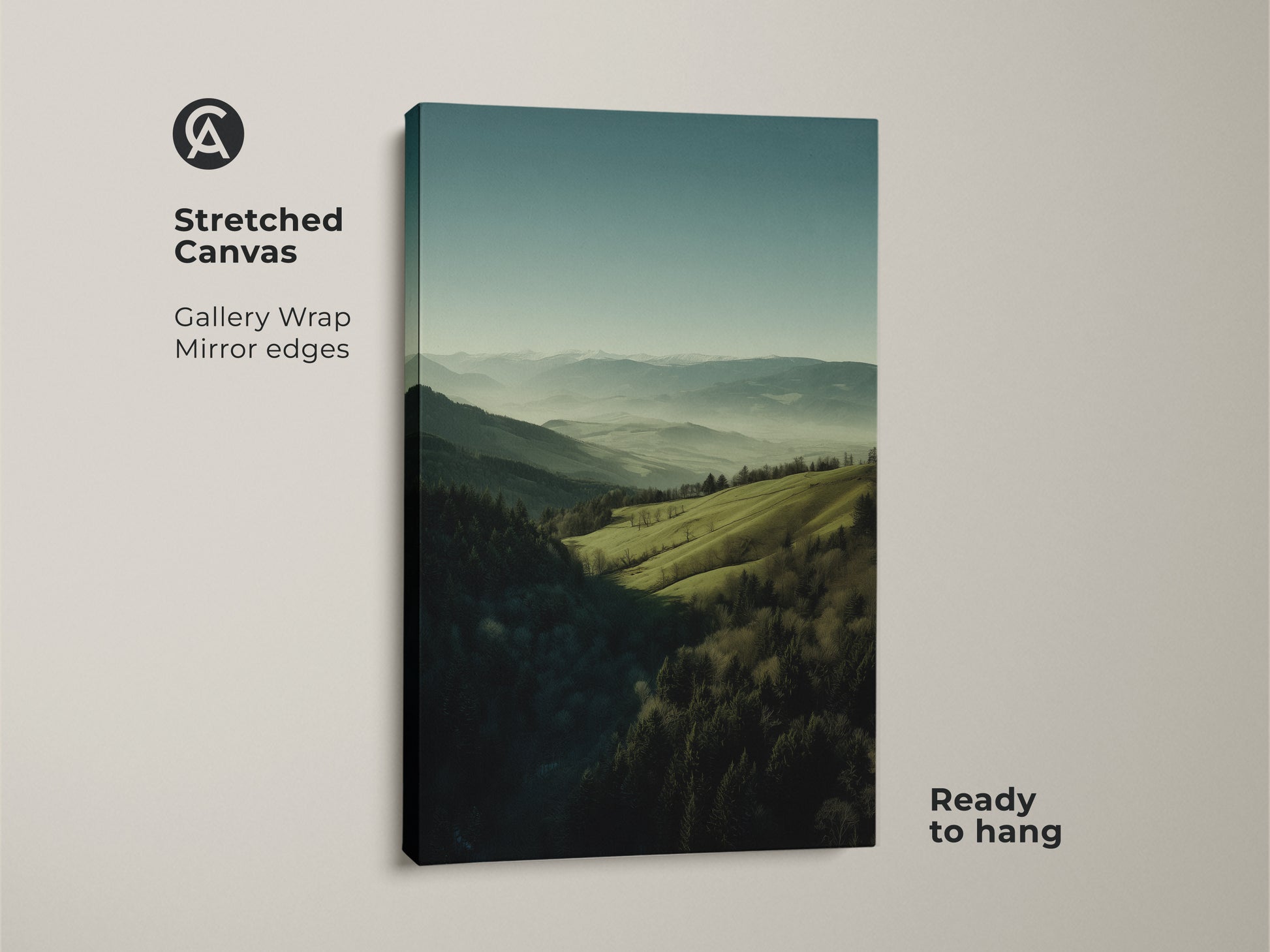 Stretched canvas of a forest green and misty blue landscape print. It is a gallery wrap with mirror edges. The artwork is ready to hang. Perfect as teal blue nature wall art. Ideal for a bedroom wall decor or a modern housewarming gift.