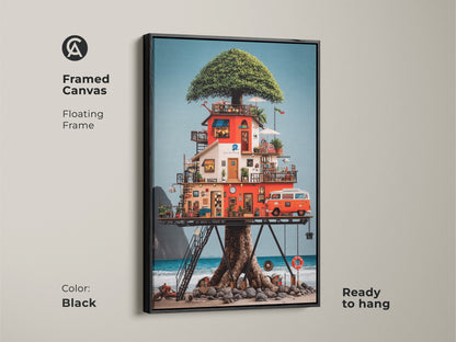 This framed canvas art features an eclectic treehouse on a beach. The artwork includes a vintage camper van wall art. The floating frame is black and ready to hang. It's a red orange blue nature canvas perfect for coastal home wall art.