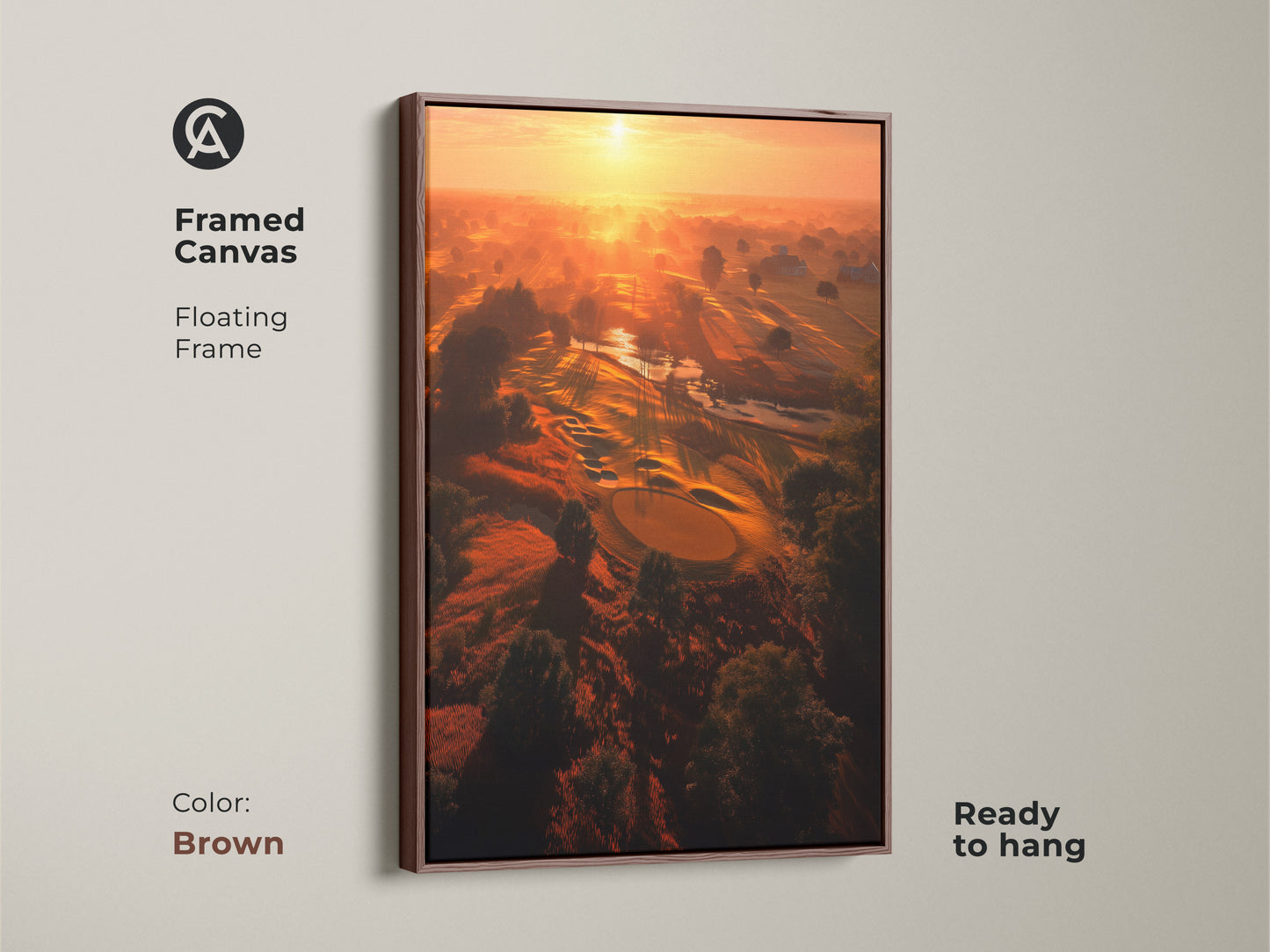 Framed canvas art featuring a golf course at sunrise. This floating frame canvas is ready to hang. The brown frame complements the landscape. Add this fine art to any room.