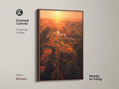 Framed canvas art featuring a golf course at sunrise. This floating frame canvas is ready to hang. The brown frame complements the landscape. Add this fine art to any room.