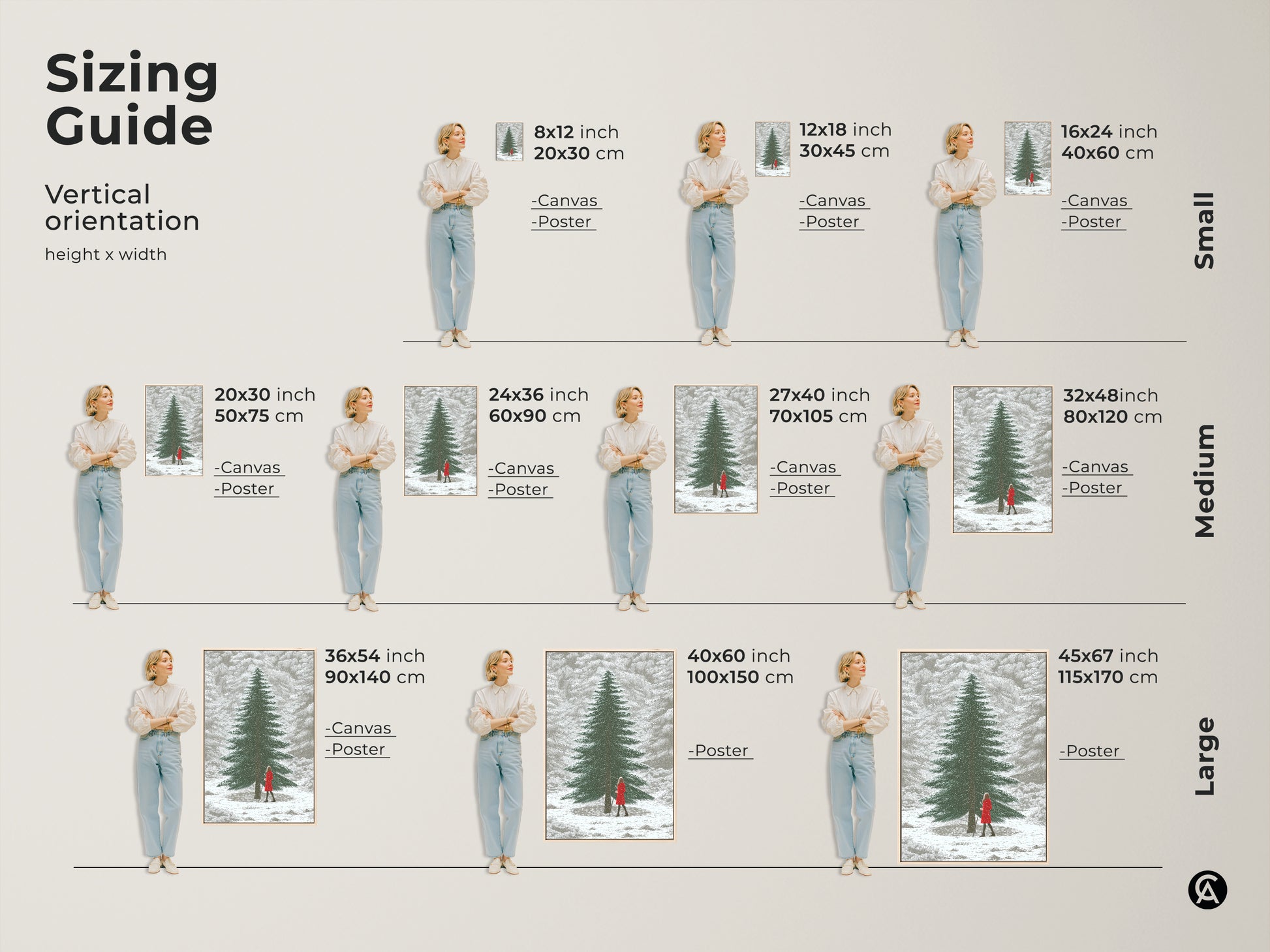 Sizing guide for the vertical orientation of winter forest canvas and poster prints. Visualize the artwork dimensions featuring a woman in a red dress for perfect Scandinavian home decor.