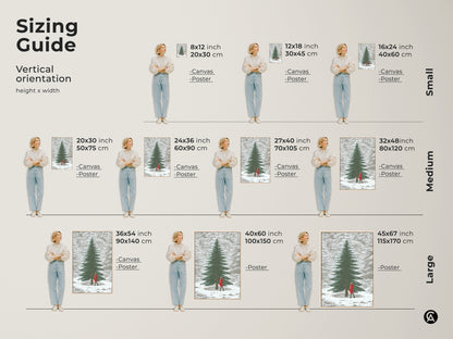 Sizing guide for the vertical orientation of winter forest canvas and poster prints. Visualize the artwork dimensions featuring a woman in a red dress for perfect Scandinavian home decor.