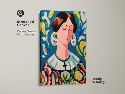 Stretched canvas artwork of a serene woman. Gallery-wrapped with mirror edges. This ready-to-hang art adds sophistication to any space. The lady features a colorful dress and ornate earrings. Perfect for modern art enthusiasts.