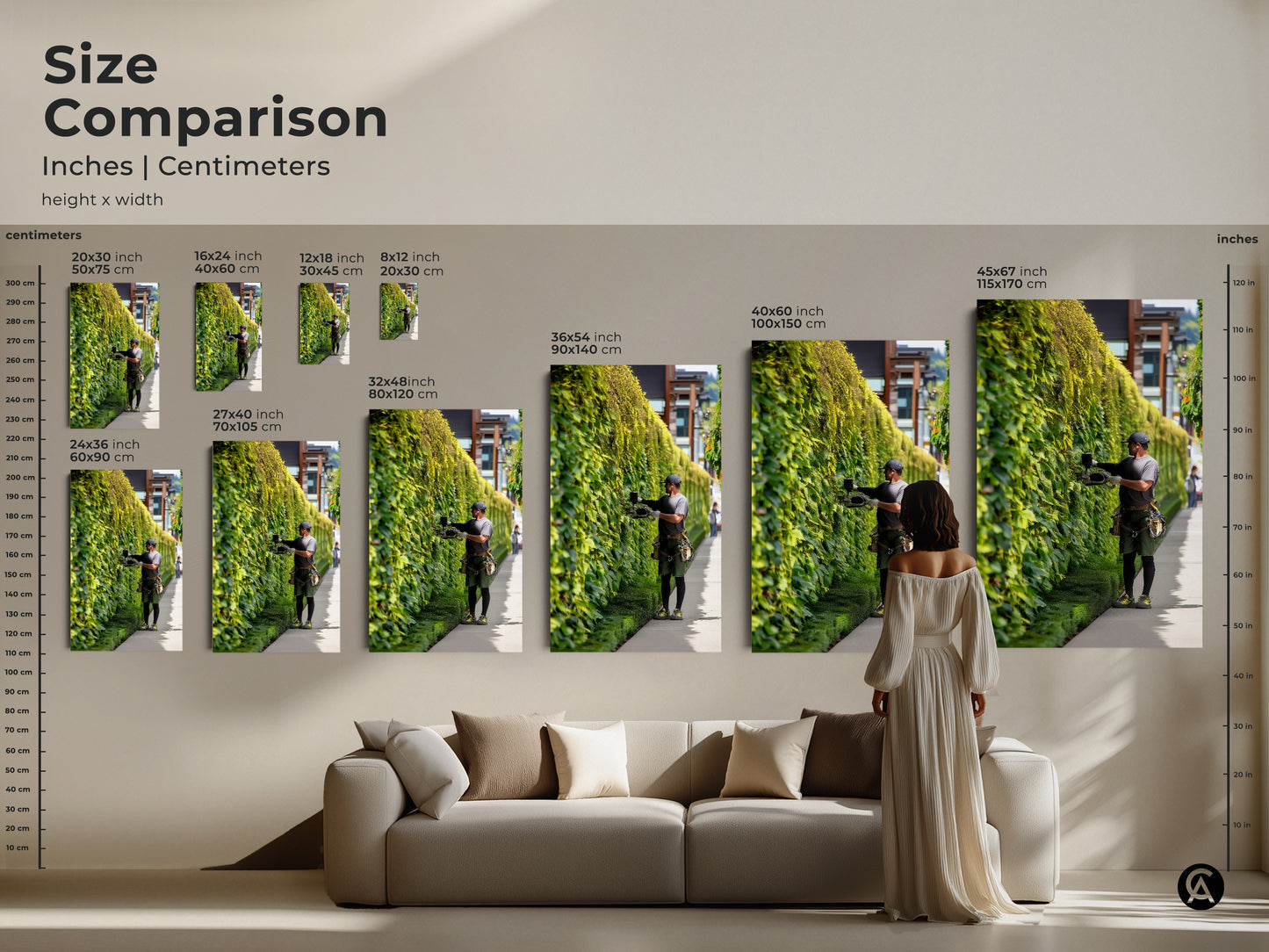 Size comparison of the gardener trimming ivy wall art. See how various sizes fit above a sofa. Available in inches and centimeters. Visualize the perfect scale for your contemporary home decor.