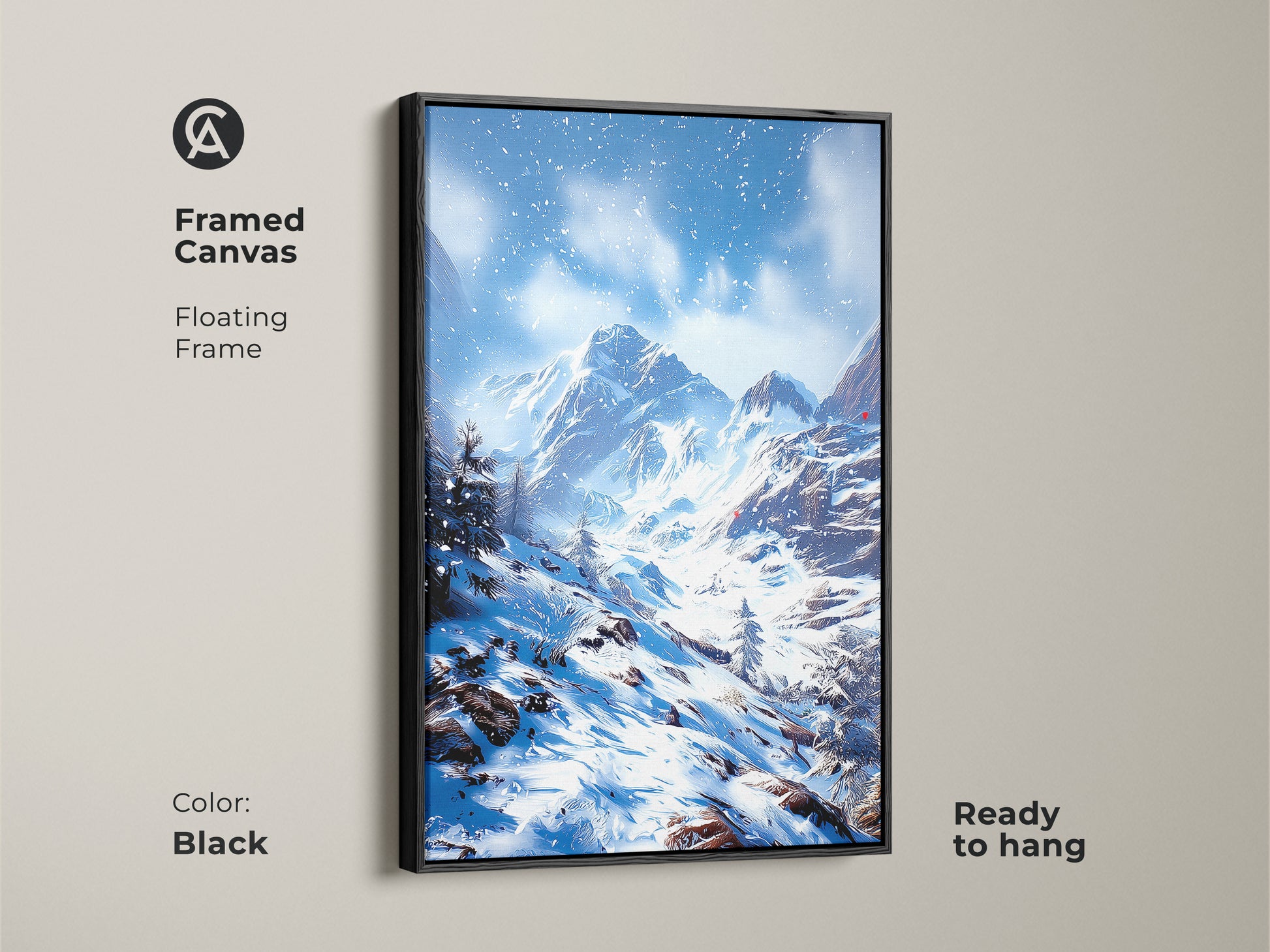 Black framed canvas of winter mountain landscape art. This snowy mountain range print has a floating frame. Ready to hang blue and white artwork for a bedroom. Perfect rustic gift for winter sports fans.