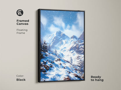Black framed canvas of winter mountain landscape art. This snowy mountain range print has a floating frame. Ready to hang blue and white artwork for a bedroom. Perfect rustic gift for winter sports fans.