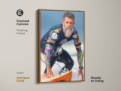 Antique gold framed canvas features vintage surfer wall artwork ready to hang. The art print shows a surfer riding a wave. Modern realism style for man cave decor. Ocean action wall artwork as gift.