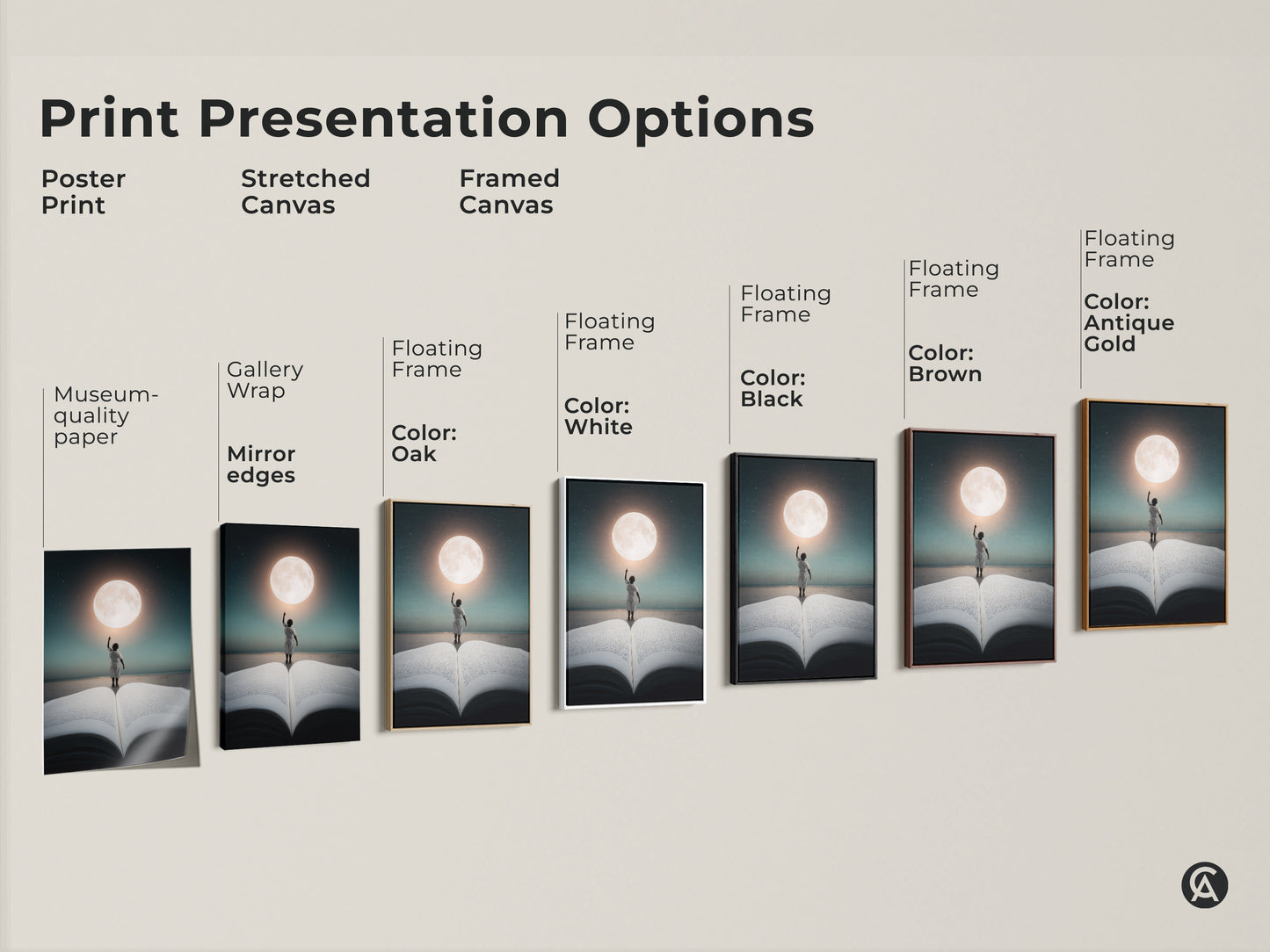 Explore surreal wall art options. This print presentation includes poster stretched and framed canvas options. Choose museum quality paper or gallery wrap. Frame colors in oak white black brown and antique gold.