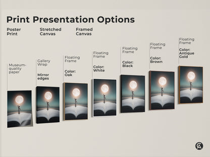 Explore surreal wall art options. This print presentation includes poster stretched and framed canvas options. Choose museum quality paper or gallery wrap. Frame colors in oak white black brown and antique gold.