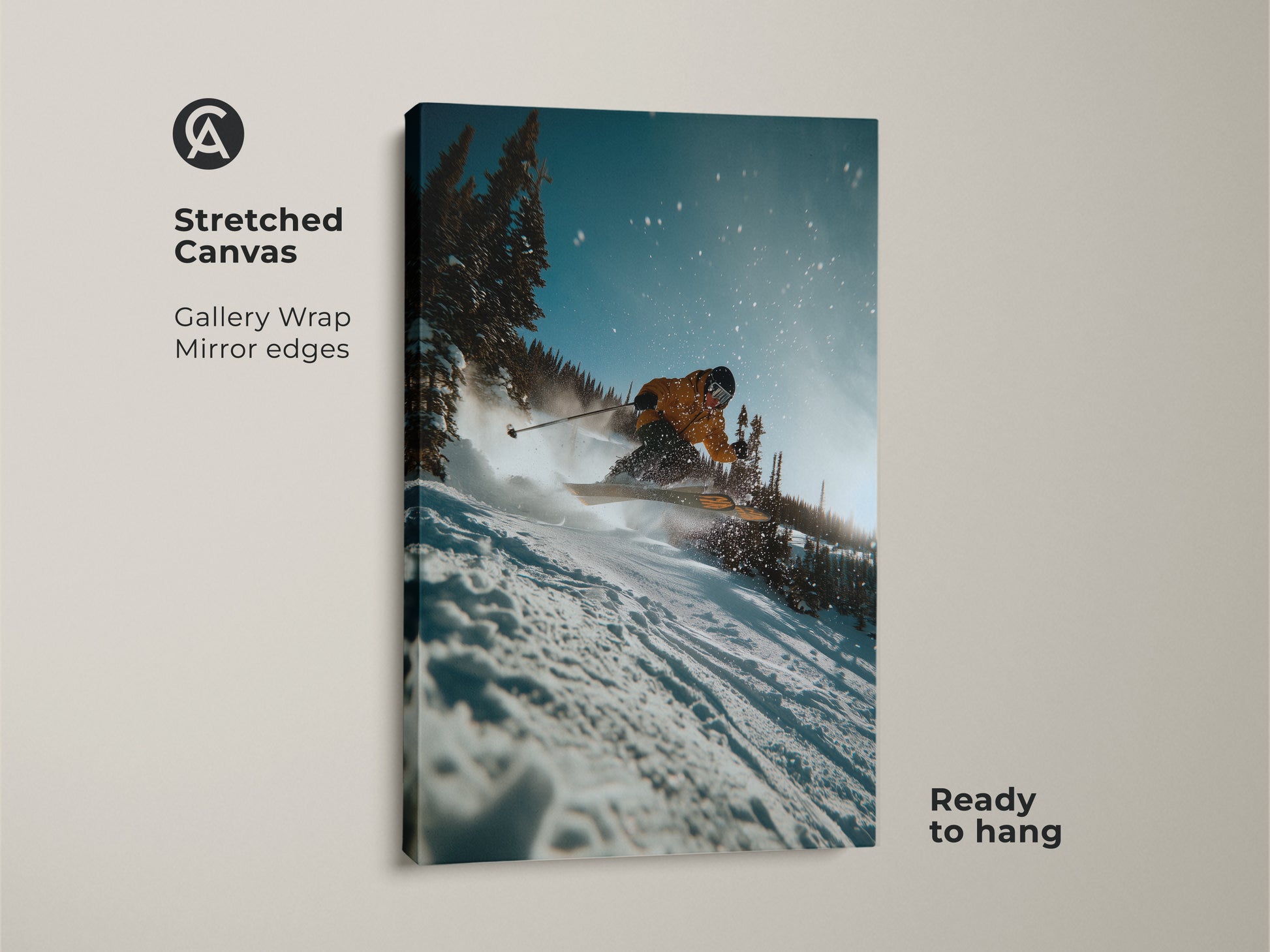 Bring the excitement of the slopes home with ski art on stretched canvas. This gallery-wrapped artwork features a skier skiing down a mountain. The mirror edges enhance the depth. It is ready to hang and enjoy. Elevate your space with this dynamic piece