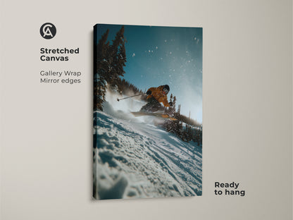 Bring the excitement of the slopes home with ski art on stretched canvas. This gallery-wrapped artwork features a skier skiing down a mountain. The mirror edges enhance the depth. It is ready to hang and enjoy. Elevate your space with this dynamic piece