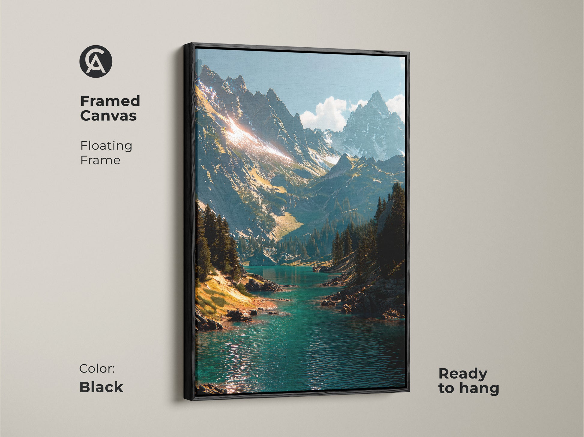 Black framed canvas of a mountain scene. The floating frame enhances the beautiful artwork. The art features a turquoise lake and snow-capped mountains. It is ready to hang. Decorate your home now!