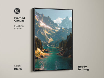 Black framed canvas of a mountain scene. The floating frame enhances the beautiful artwork. The art features a turquoise lake and snow-capped mountains. It is ready to hang. Decorate your home now!