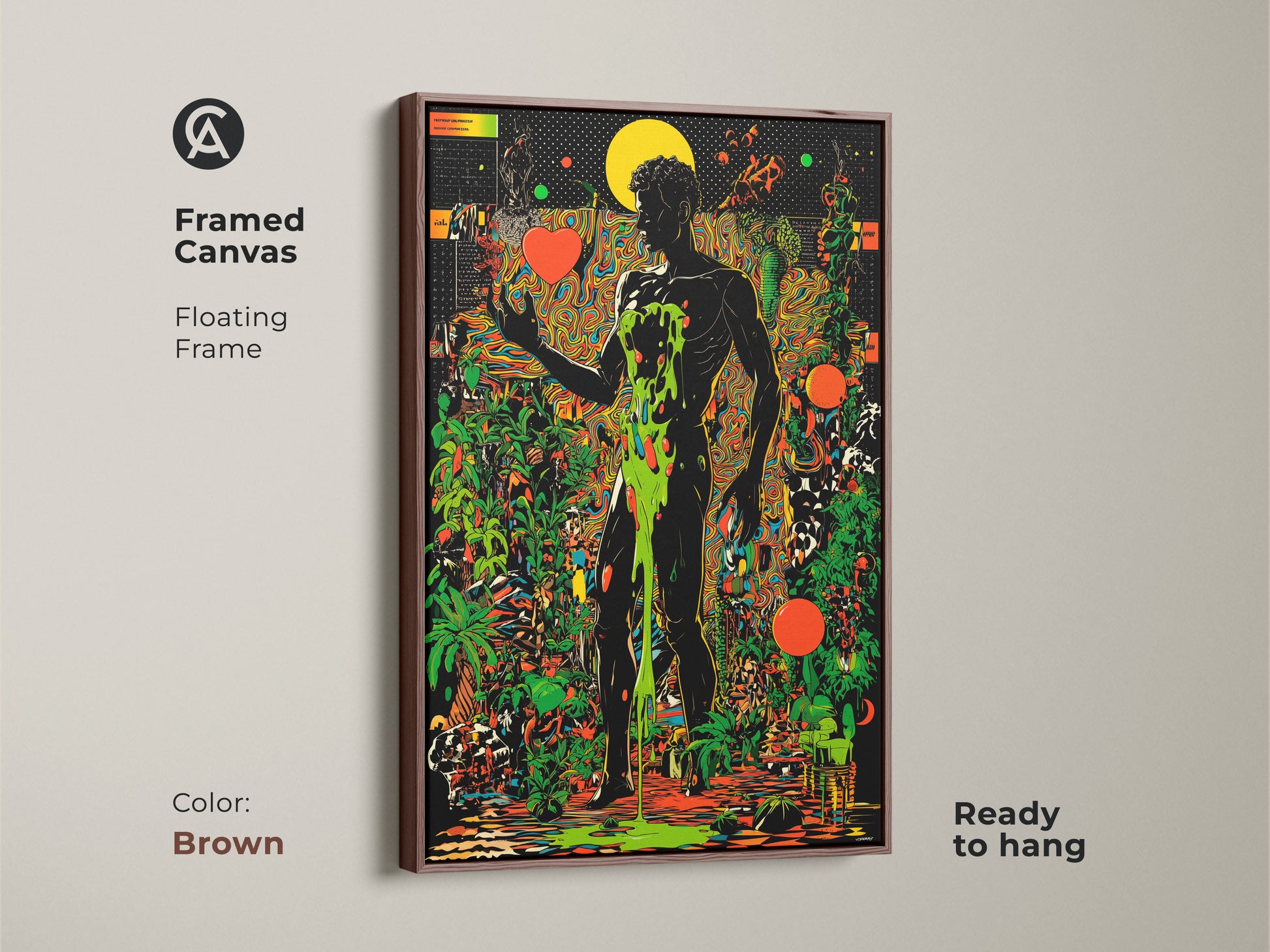 Framed canvas featuring a psychedelic botanical wall artwork. The trippy figurative art displays a surreal man print in a brown floating frame. Abstract art in black orange and green is ready to hang. Perfect for eclectic home decor.