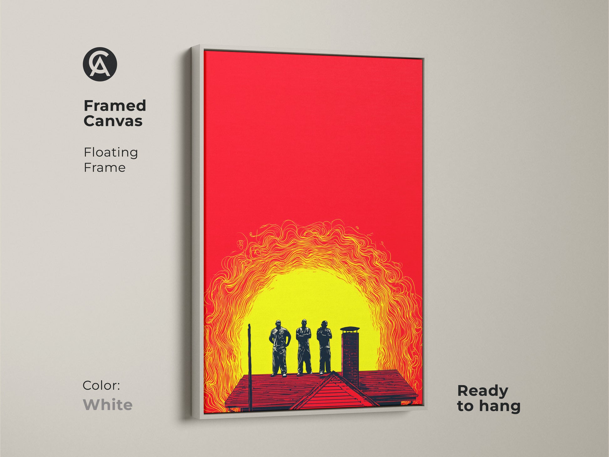 Framed canvas art in white featuring crimson yellow abstract men on a rooftop. This contemporary graphic artwork is ready to hang. It adds a clean modern touch to any office or home. This unique wall hanging can serve as a perfect birthday gift for friends.