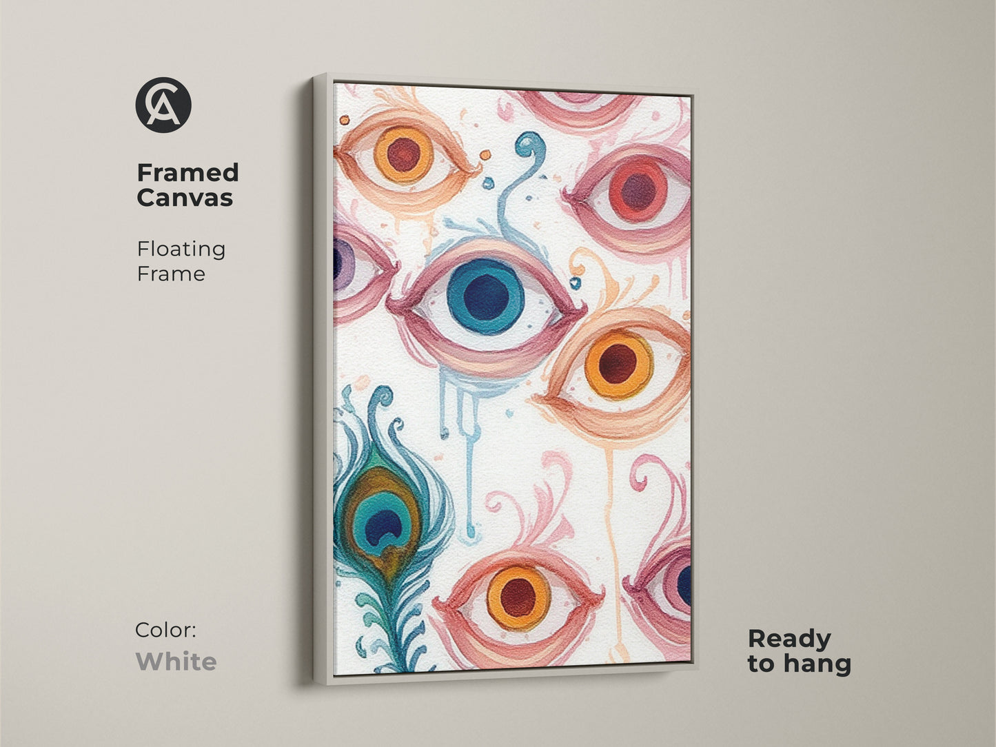 Framed Canvas in White showcasing abstract eye artwork. This surreal painting features a peacock feather. Ready to hang this floral swirls art offers an eclectic touch. Perfect for a modern room.