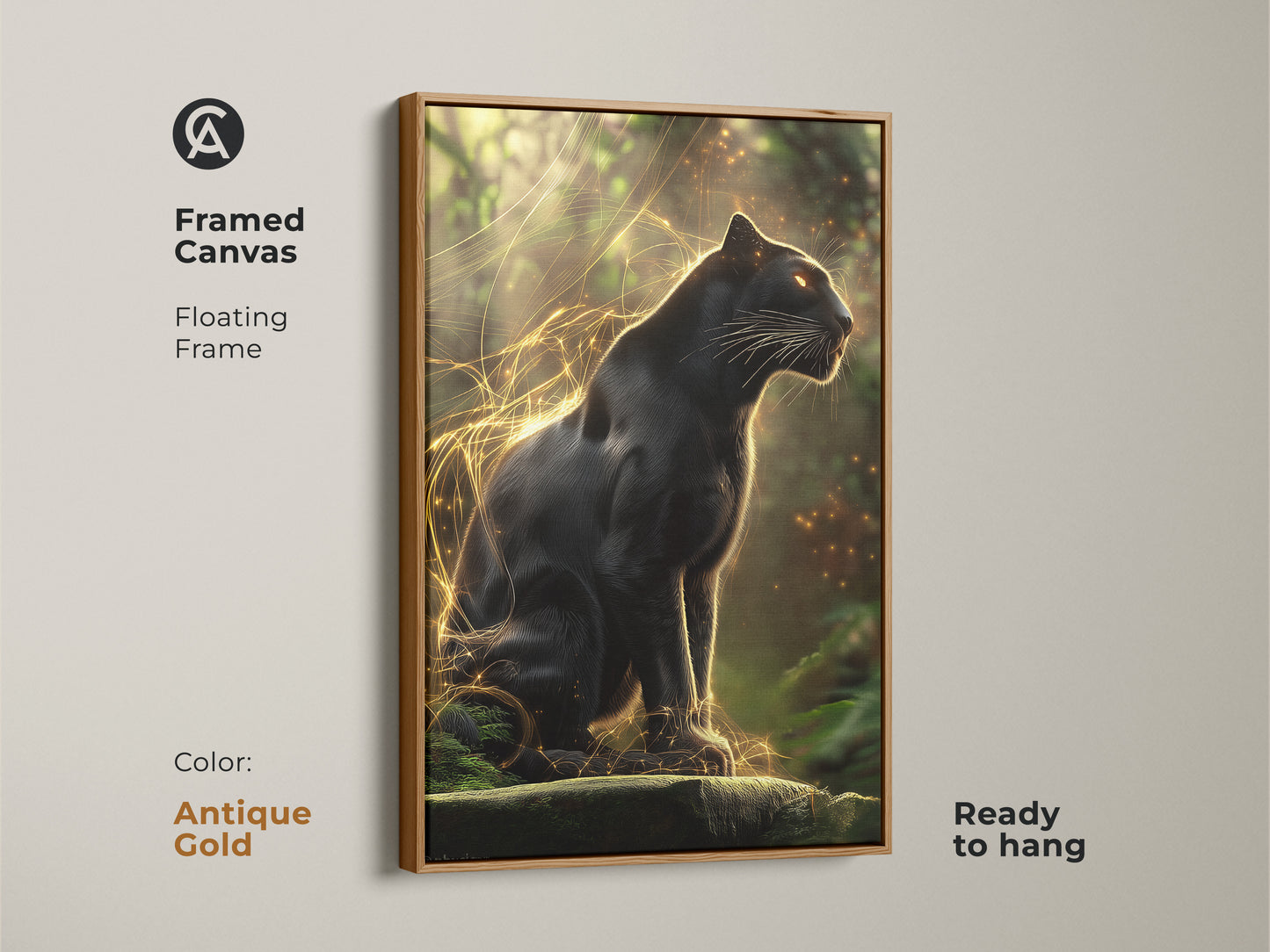 Framed canvas displaying the Black Panther art. This gold jungle cat artwork features a floating frame. It is ready to hang. The wildlife canvas adds a touch of elegance to eclectic decor. Its antique gold frame enhances any room.