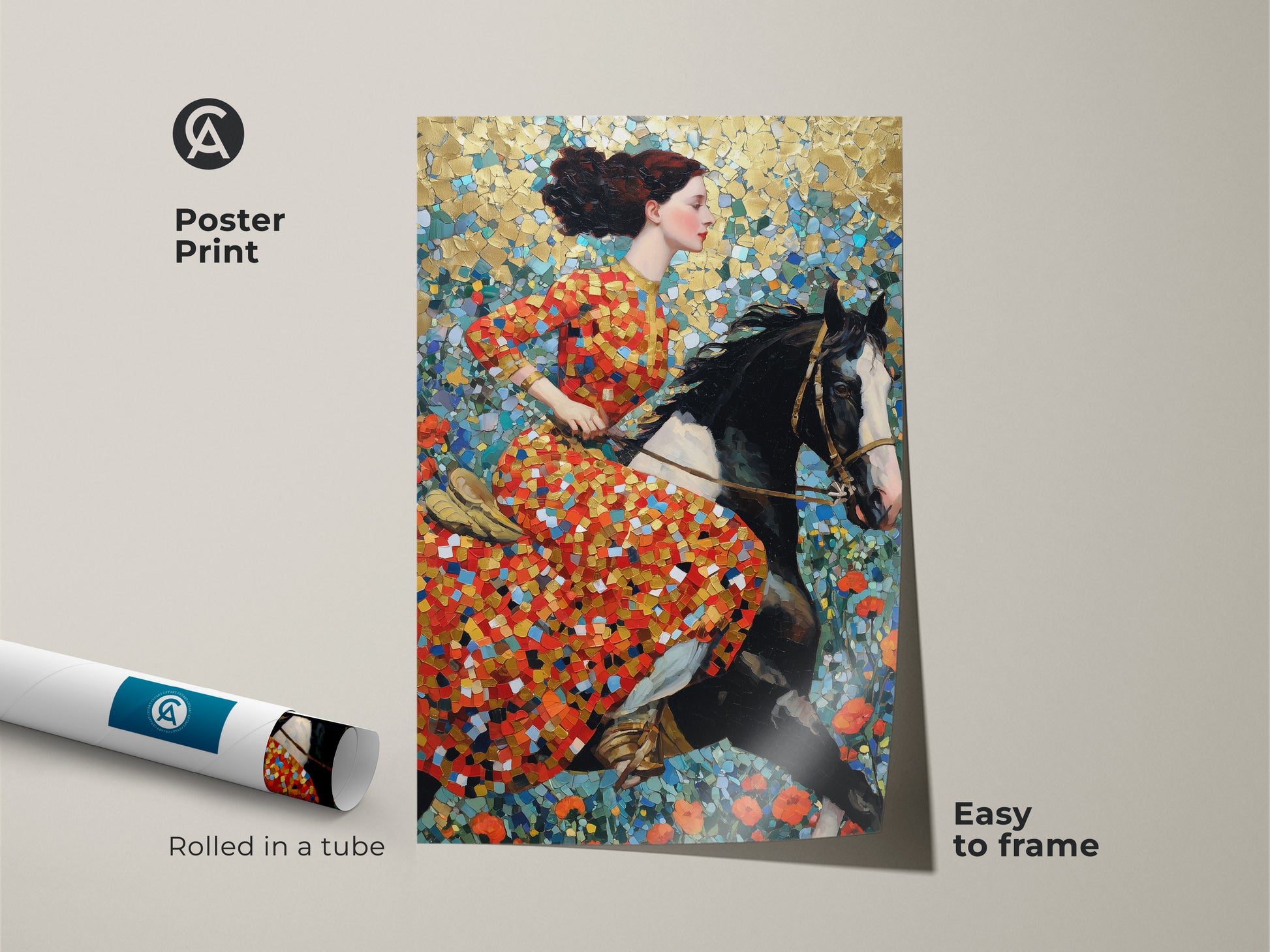 Discover this poster print featuring a woman on horseback. The mosaic style artwork is rich with red gold and teal hues. Easy to frame this print brings an equestrian theme to any room. This colorful mosaic painting is perfect for boho chic wall art. A unique wall hanging for horse lovers.