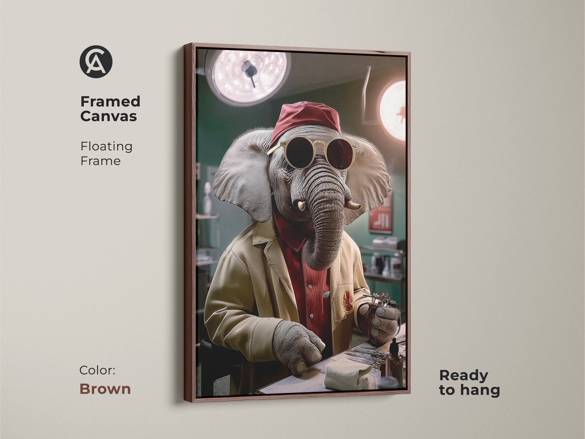Framed canvas displaying surreal elephant doctor art. The floating frame is brown. The animal doctor canvas print is ready to hang. A funny medical office decor idea is the unique animal portrait art. This eclectic artwork includes surgical tools making it a great gift for doctors or surgeons.