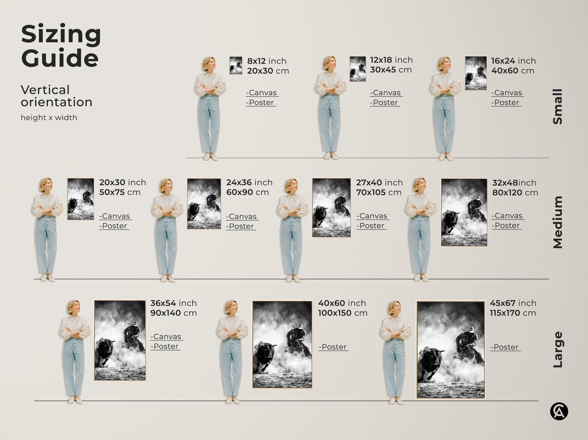 Sizing guide shows various vertical orientation options. Choose from canvas or poster prints. Find small medium and large sizes. Select the perfect fit for your cowboy rodeo wall art. Transform your living space today.