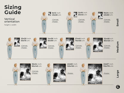 Sizing guide shows various vertical orientation options. Choose from canvas or poster prints. Find small medium and large sizes. Select the perfect fit for your cowboy rodeo wall art. Transform your living space today.