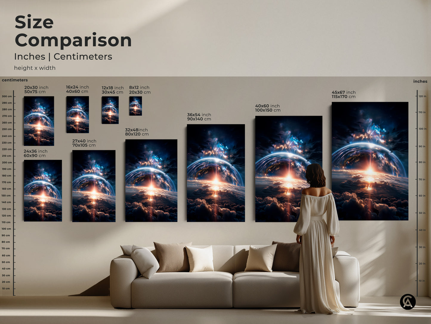 Size comparison of earthrise artwork in inches and centimeters. See how different sizes fit above a sofa. This artwork is available in various dimensions. Choose the perfect size to enhance your living space. Find your ideal piece.