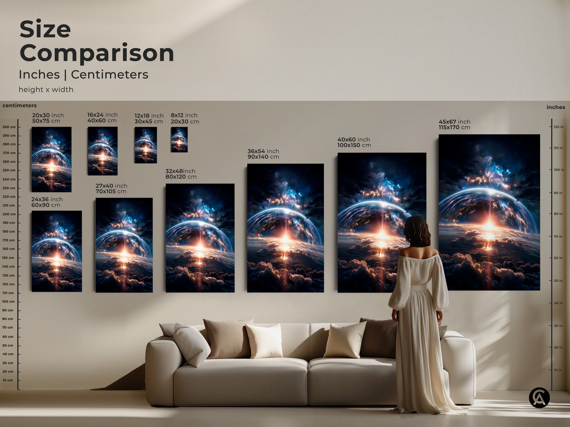 Size comparison of earthrise artwork in inches and centimeters. See how different sizes fit above a sofa. This artwork is available in various dimensions. Choose the perfect size to enhance your living space. Find your ideal piece.