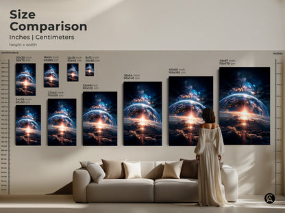 Size comparison of earthrise artwork in inches and centimeters. See how different sizes fit above a sofa. This artwork is available in various dimensions. Choose the perfect size to enhance your living space. Find your ideal piece.