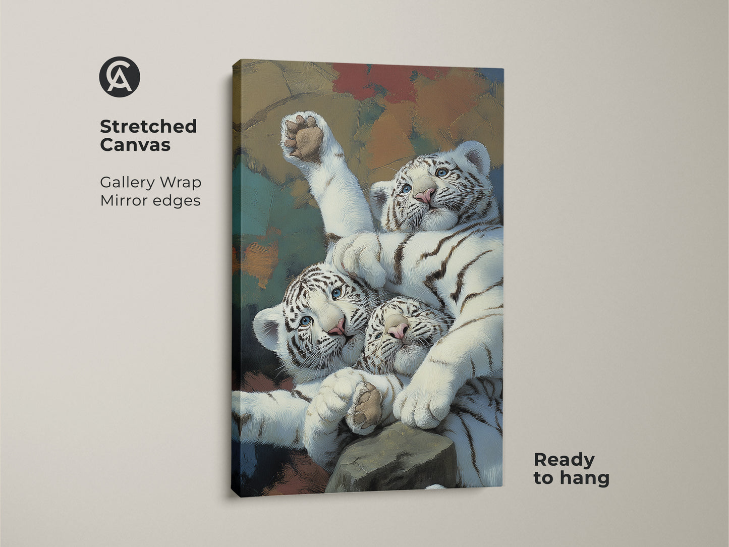 A stretched canvas featuring realistic white tiger cubs art. This wildlife feline canvas print has gallery wrap mirror edges and is ready to hang. Ideal newborn tiger painting art for animal lovers. Add a touch of eclectic home decor with this big cat canvas artwork. A cute animal wall decor choice.