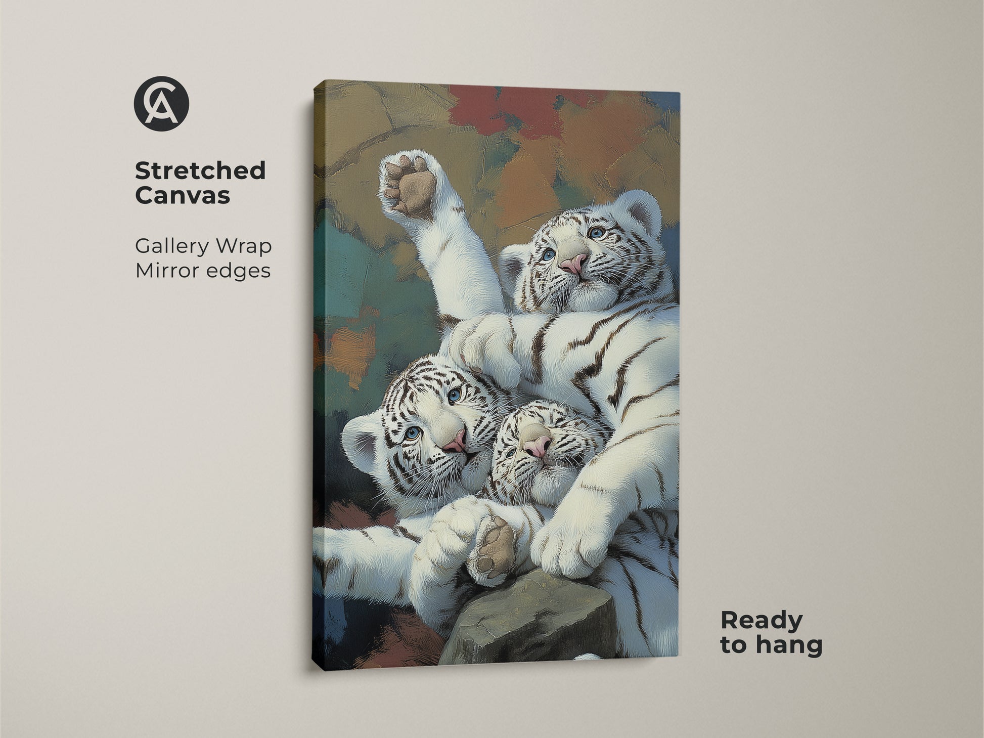 A stretched canvas featuring realistic white tiger cubs art. This wildlife feline canvas print has gallery wrap mirror edges and is ready to hang. Ideal newborn tiger painting art for animal lovers. Add a touch of eclectic home decor with this big cat canvas artwork. A cute animal wall decor choice.
