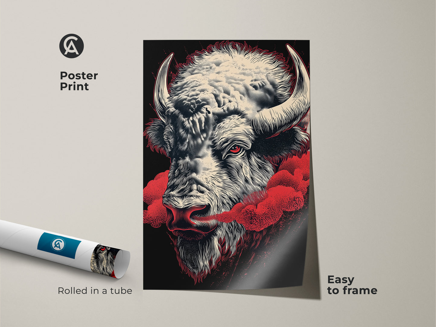 Poster print of a bison head in an ink drawing style. The artwork features a striking red eye and swirling red cloud elements. This wildlife art piece is easy to frame and arrives rolled in a tube. It is perfect for adding a rustic touch.