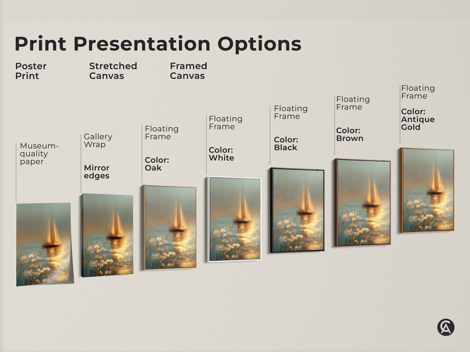 Print presentation options for coastal daisy and sailboat artwork. Choose from poster prints stretched canvas or framed canvas. Various frame colors are available including oak white black brown antique gold. Find the perfect dreamy seascape art for your space.