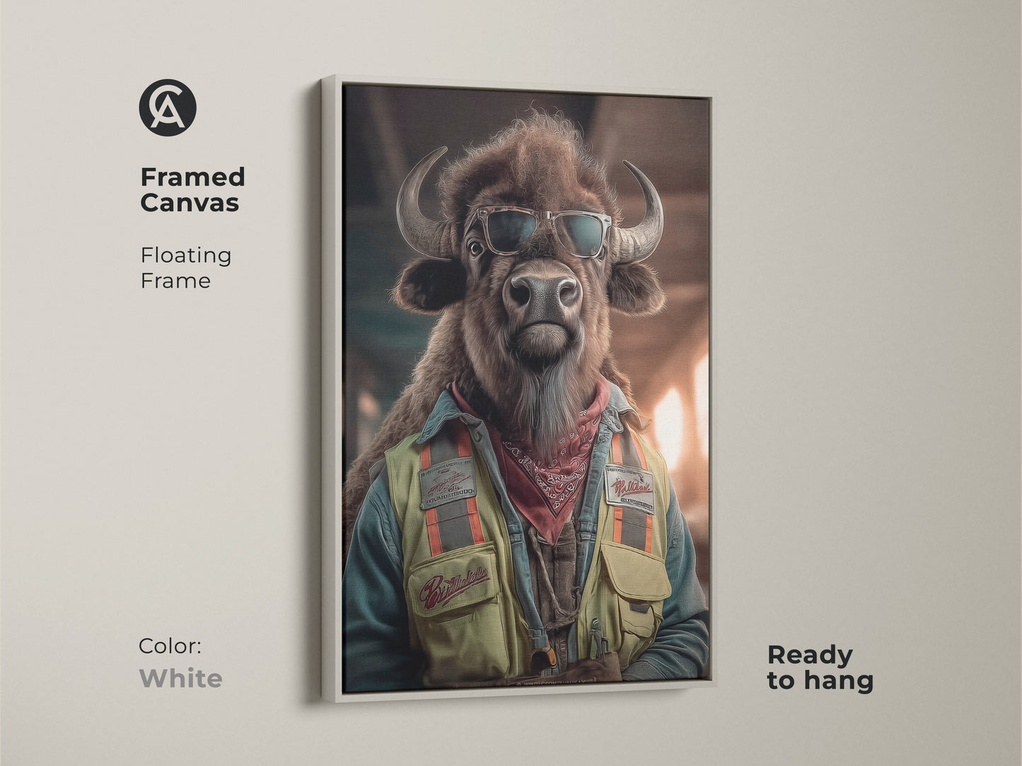 Framed canvas of the Cool Bison Wall Art with a white floating frame. Ready to hang this Tan Teal Office Decor brings a modern yet character-driven aesthetic. This quirky Western Art piece makes for a unique gift.
