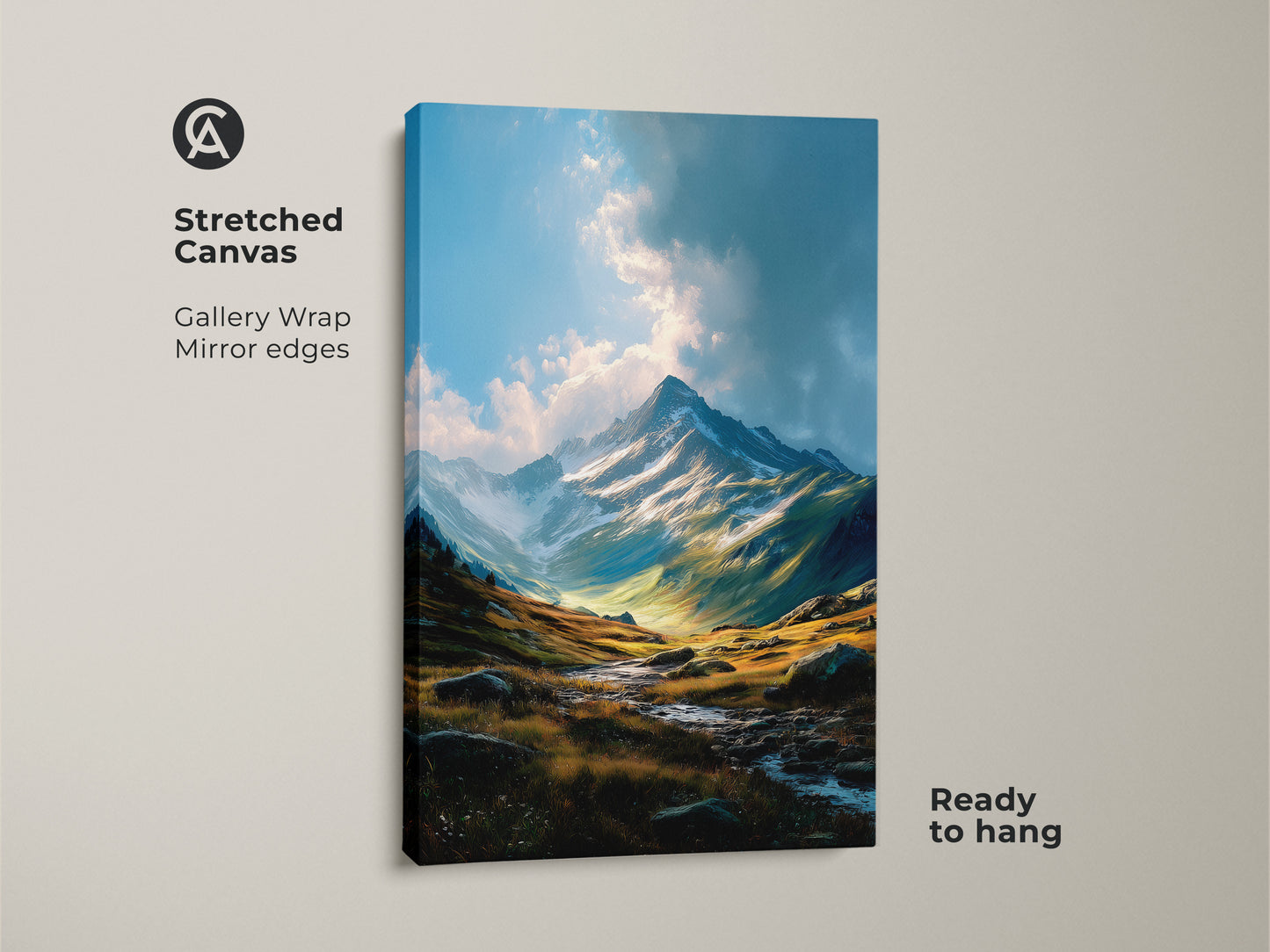 Stretched canvas print of a mountain scene. This ready-to-hang artwork shows a breathtaking mountain landscape. The gallery wrap canvas has mirrored edges for a seamless look. The vibrant colors and detailed textures capture the beauty of nature.