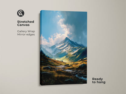Stretched canvas print of a mountain scene. This ready-to-hang artwork shows a breathtaking mountain landscape. The gallery wrap canvas has mirrored edges for a seamless look. The vibrant colors and detailed textures capture the beauty of nature.
