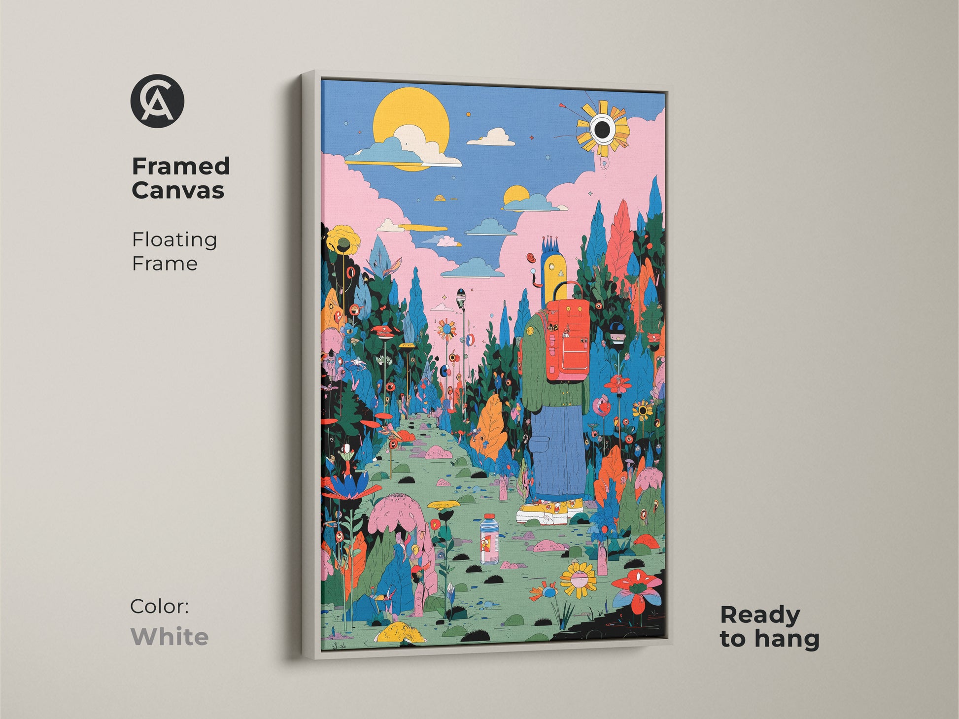 A framed canvas with a white floating frame showcases a colorful fantasy artwork. A figure with a backpack is walking a flower-lined path. Ready to hang. Enhance your decor with this framed art. This artwork enhances any room's aesthetic. Get yours today and enjoy this unique piece.