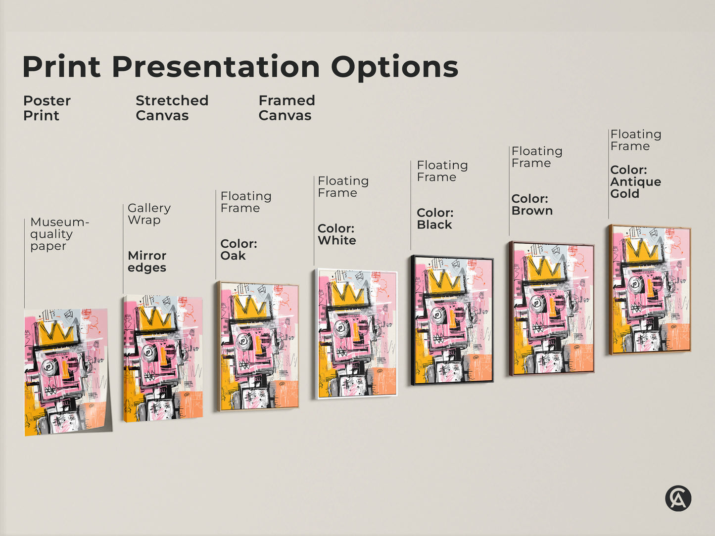 Explore print presentation options for abstract art. Choose from poster prints stretched canvas and framed canvas. Various frame colors are available. Find the perfect artwork to match your style.