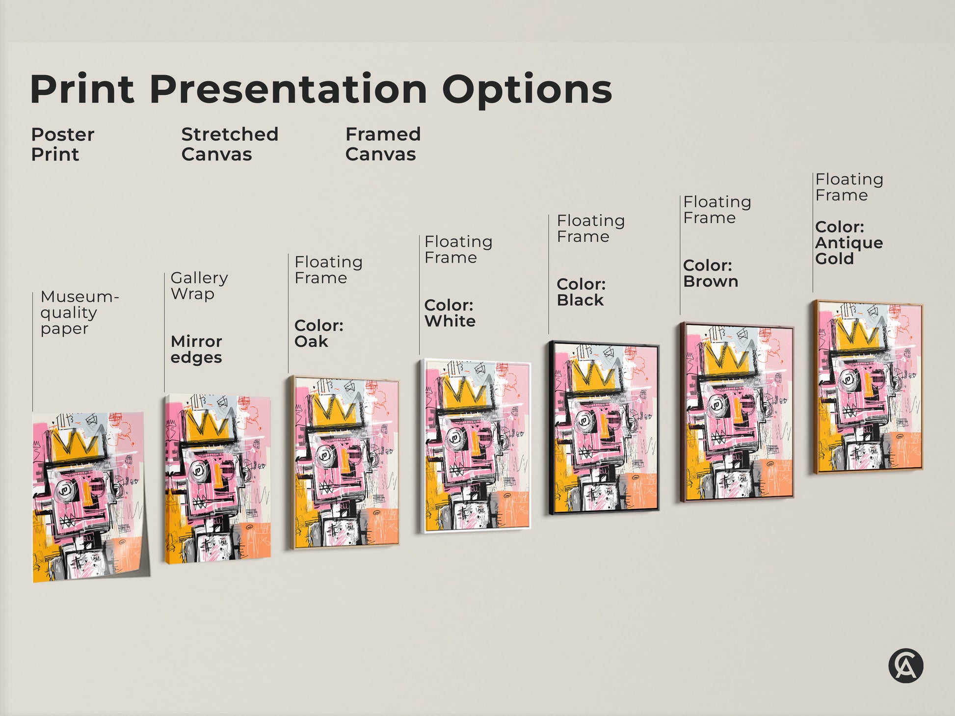 Explore print presentation options for abstract art. Choose from poster prints stretched canvas and framed canvas. Various frame colors are available. Find the perfect artwork to match your style.