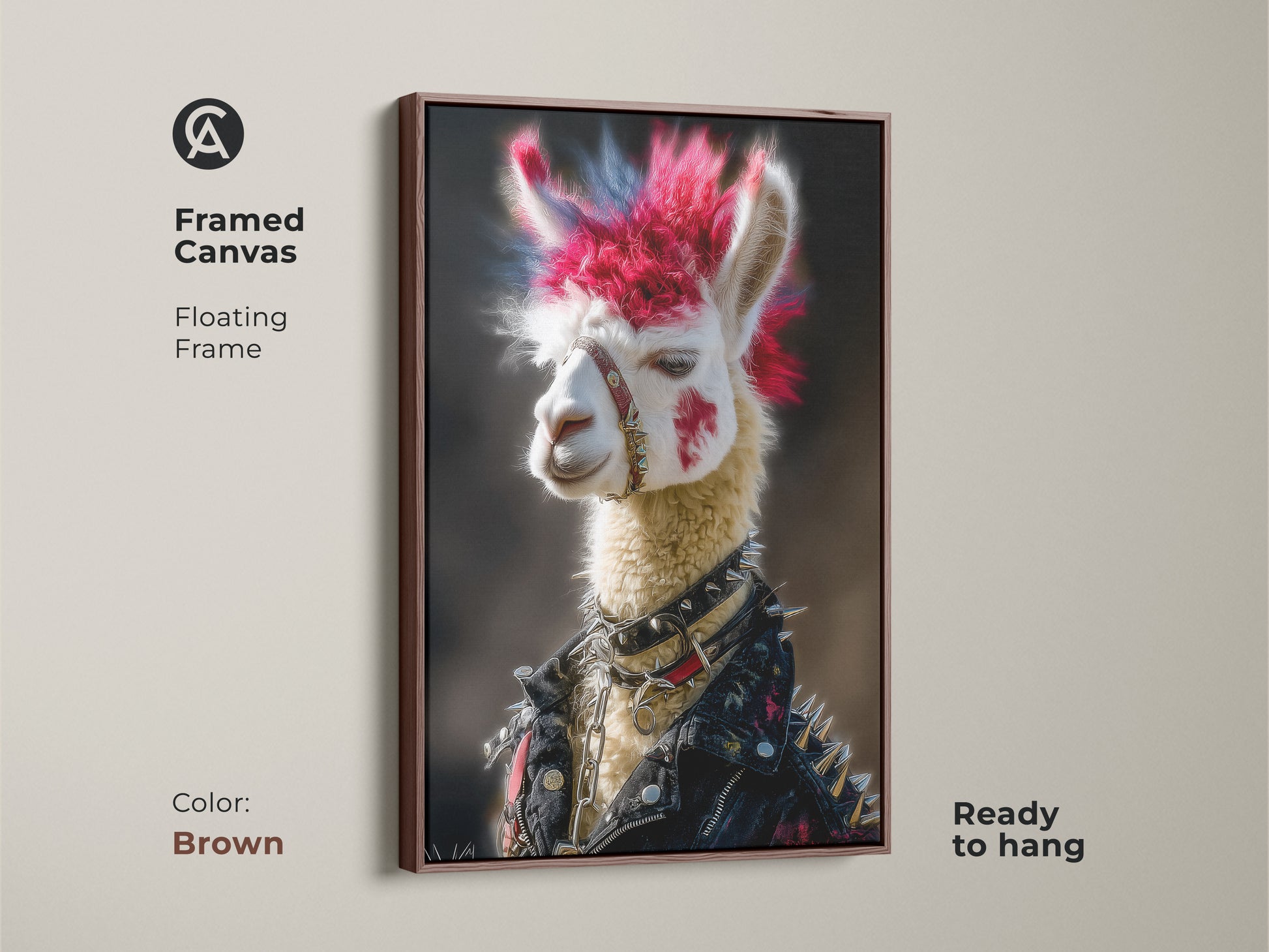 Framed canvas art displays a Punk Alpaca with a floating frame in brown. The art features a vivid pink and blue mohawk. It is animal art with an attitude. It will add a unique touch to any eclectic bedroom art.