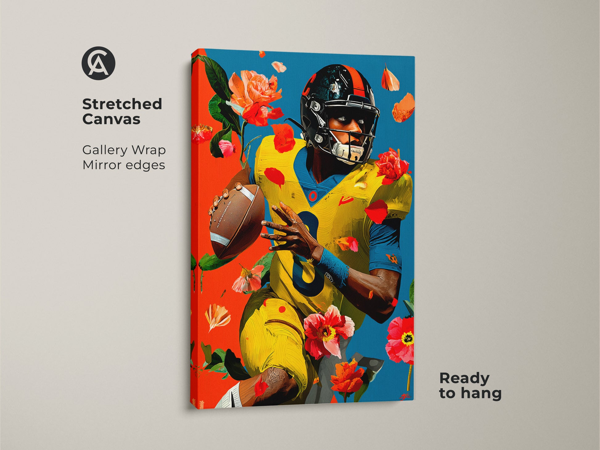 American football art print in a poster presentation. This vibrant art combines modern yellow and blue floral elements. It is an ideal sports decor for offices. The artwork comes rolled in a tube for easy framing. A perfect gift for any football fan.