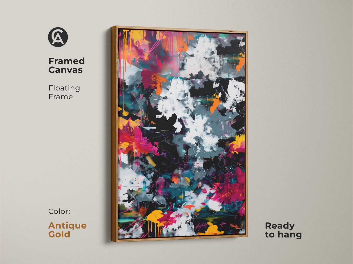 Framed canvas print of abstract art with an elegant antique gold floating frame. This piece is ready to hang and brings a touch of luxury to your home. The painting showcases a bold and colorful composition. Perfect for art connoisseurs.