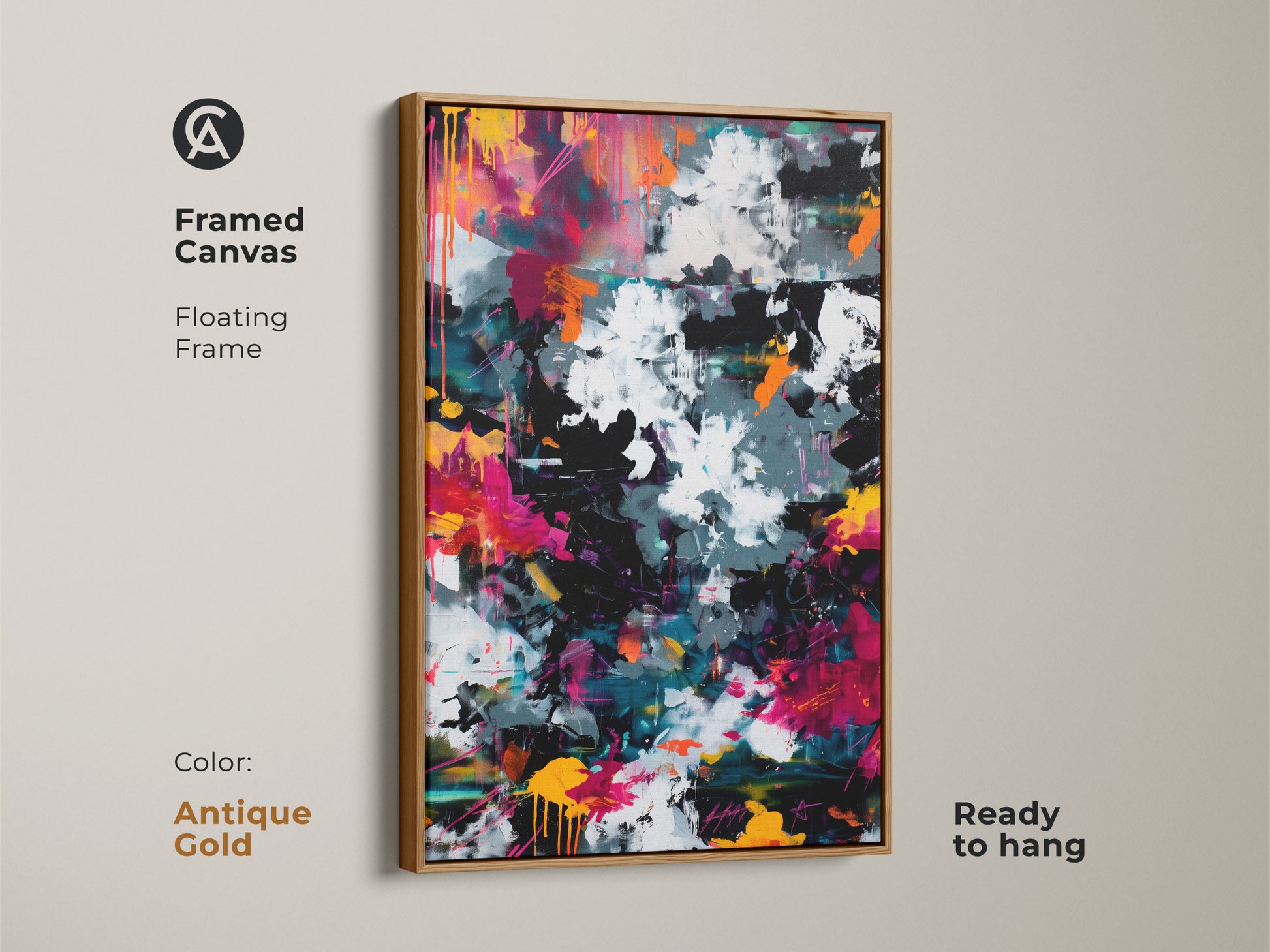 Framed canvas print of abstract art with an elegant antique gold floating frame. This piece is ready to hang and brings a touch of luxury to your home. The painting showcases a bold and colorful composition. Perfect for art connoisseurs.