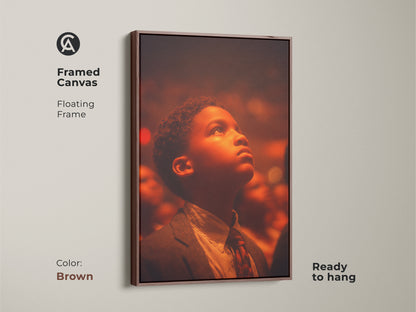 Framed canvas art with a floating frame in brown. The artwork shows a young boy looking up. The art is ready to hang. The neutral background highlights the subject.