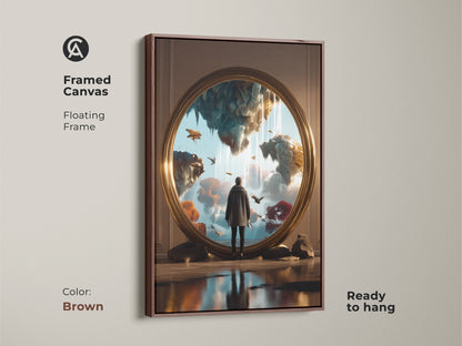 Framed Canvas showcasing surreal floating islands art with a brown floating frame. This fantasy art is ready to hang. Gold teal blue wall art for eclectic decor. A dreamy canvas print perfect as a housewarming gift. Adds wonder to any space.