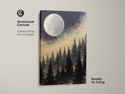 Experience the beauty of nature with this abstract moon forest canvas. The gold splatter night sky art creates a mesmerizing celestial landscape. Perfect eclectic bedroom wall decor. This nature abstract wall art features a moon over a dark forest. This canvas is ready to hang and adds a touch of elegance to any room.