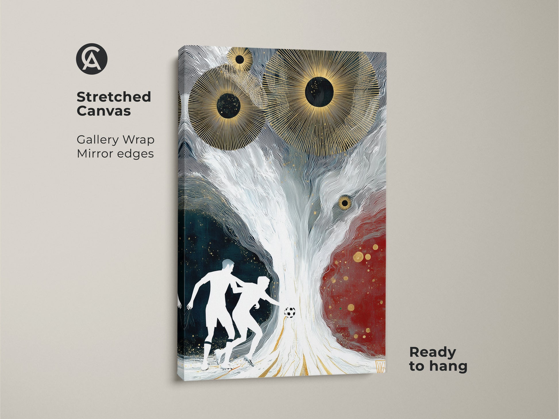 Stretched canvas abstract soccer art with a gallery wrap. This modern artwork shows mirror edges and is ready to hang. Gold sunbursts highlight a dynamic soccer scene. The art is a great contemporary sports gift for a home or office adding unique abstract flair.