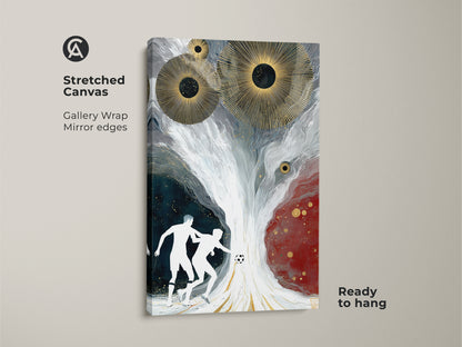 Stretched canvas abstract soccer art with a gallery wrap. This modern artwork shows mirror edges and is ready to hang. Gold sunbursts highlight a dynamic soccer scene. The art is a great contemporary sports gift for a home or office adding unique abstract flair.